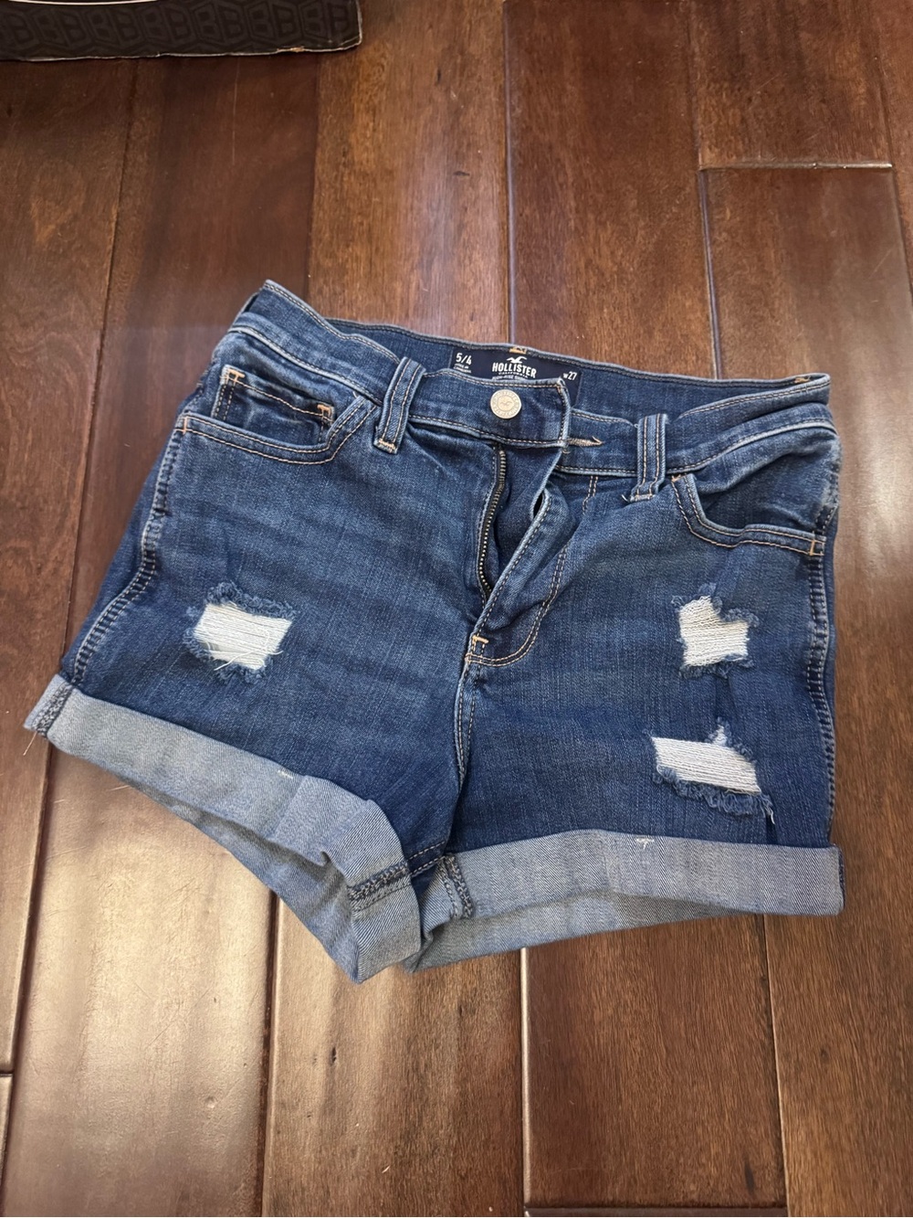 Hollister Dark Blue Distressed Rolled Cuff Denim Shorts
